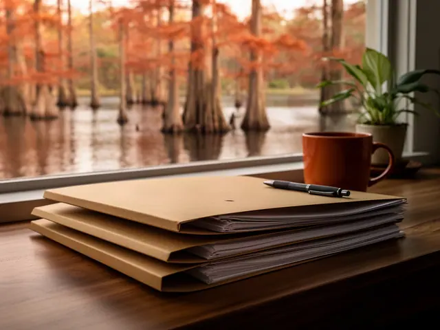 Stack of closed kraft folders with a pen on a desk by a window onto a cypress bayou