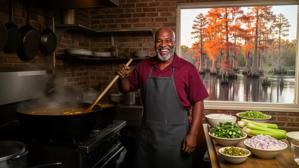 Smiling cook stirring a big pot of gumbo in a brick kitchen with a cypress bayou outside the window